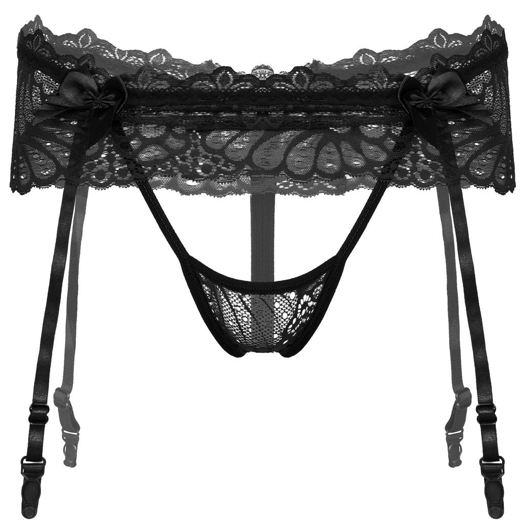 Мужские кружевные стринги с юбкой, регулируемый пояс для чулок, ажурный дизайн, эластичный пояс, вырез без выреза, Т-образная спинка, нижнее белье Sissy