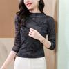 High-necked New Fashion T-shirt Mesh Long-sleeved Printed Top, Foreign Style and Thin Slim-fitting Elastic Shirt As a Base