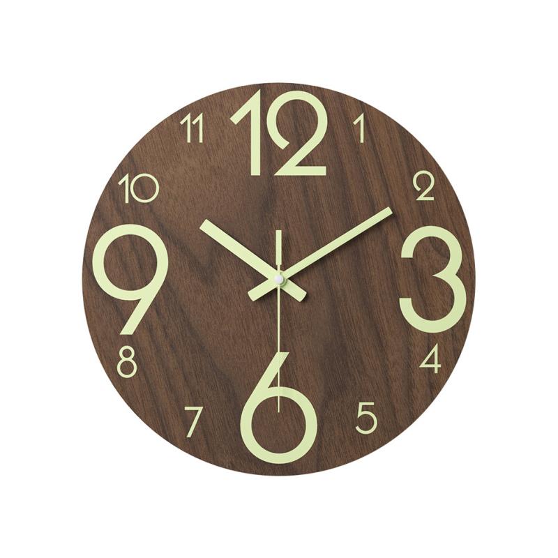 12 Inch Round Wooden Luminous Wall Clock Silent Non Ticking Clock Light In Dark Night For Home Bedroom Living Room Decoration