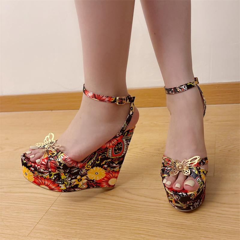 Aneikeh Летние женские босоножки с открытым носком и пряжкой на ремешке, дизайнерские босоножки на танкетке с цветочным принтом, на платформе и высоком каблуке, для банкетов и вечеринок