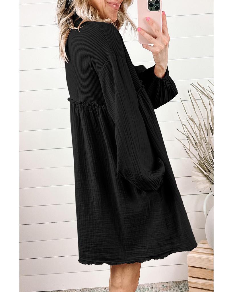 Azura Exchange Patchwork Crinkle Puff Sleeve Shirt Dress