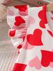 Girl's casual and stylish everyday dress with lace trim, ruffles, and heart print; small flutter sleeves; suitable for spring, summer, and autumn.
