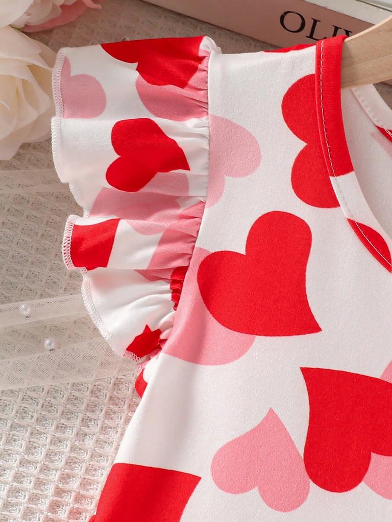 Girl's casual and stylish everyday dress with lace trim, ruffles, and heart print; small flutter sleeves; suitable for spring, summer, and autumn.