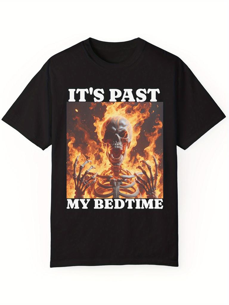 Unisex'S Skull In Fire Pattern Print Crew Neck Short Sleeve, Casual Daily Pure Cotton T-shirt