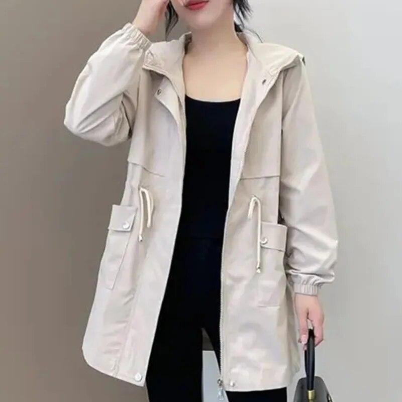 Women's Spring and Fall Medium-length Thin Section Casual Hooded Windbreaker Jacket