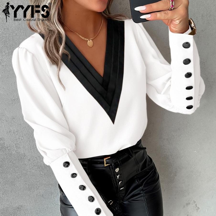 YYFS Women's Fashion Casual Spring Fall Long Sleeve V-Neck Blouses & Shirts
