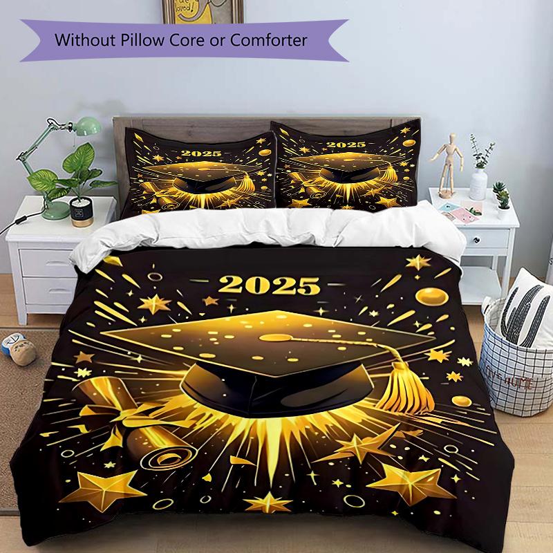 3pcs 2025 Graduation Cap & Scroll Decorative Set - Includes One Quilt Cover and Two Pillowcases (No Core) - Perfect for Home Décor, Festive Gifts, Pol