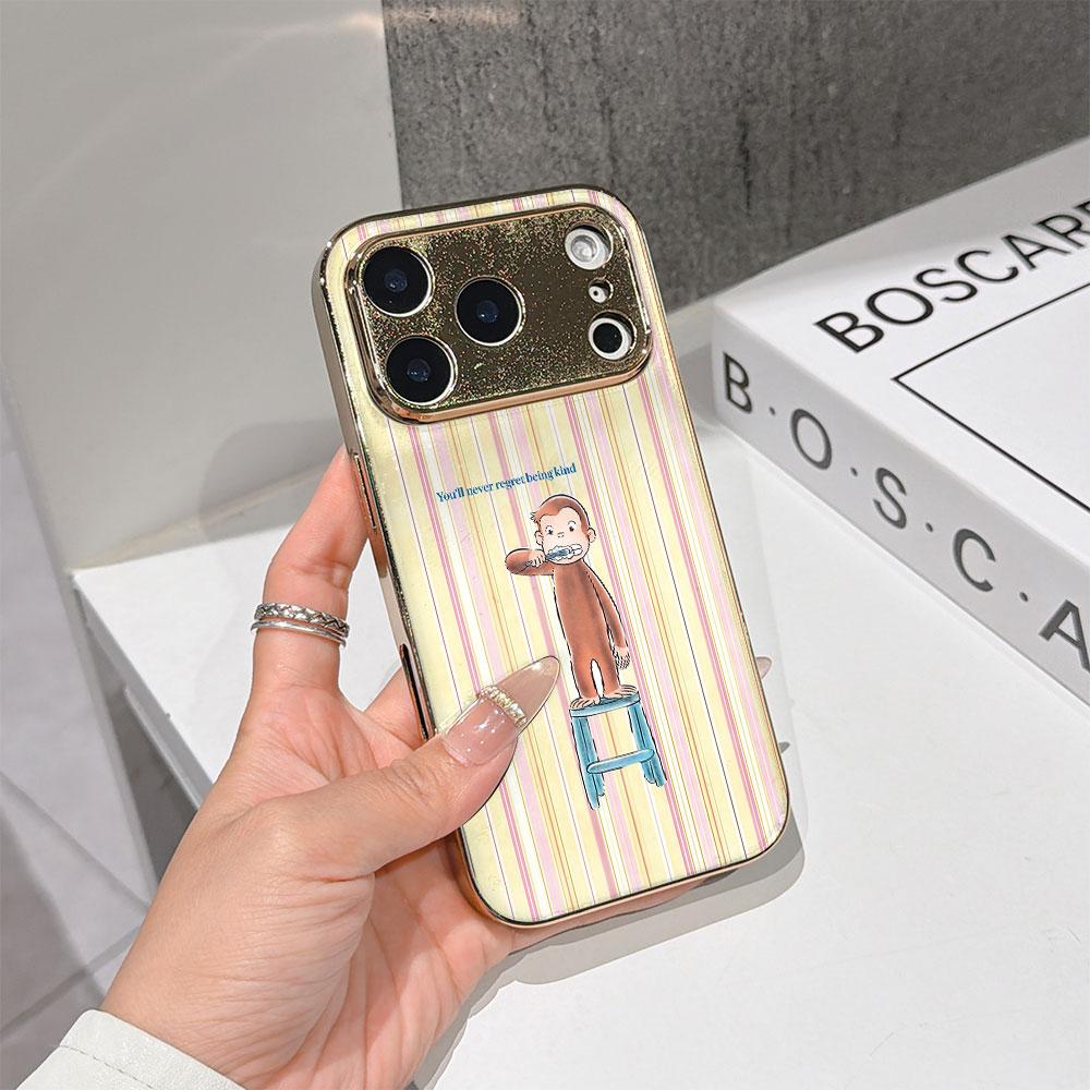 Lucky Start Phone Case For iPhone 17 16 15 14 13 12 11 Pro Max 16E Gold Electroplated glass shell  Brushing Monkey Cover