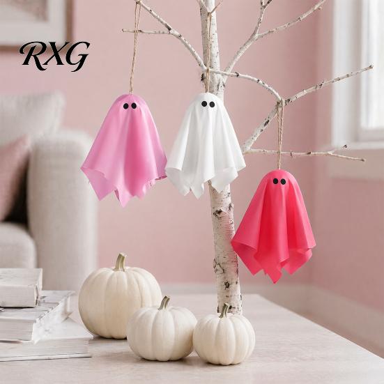 Halloween Party Background Decor Ghost Hanging Decor, Pastel Pink White Soft Fabric Ornaments, Cute Spooky Home Aesthetic