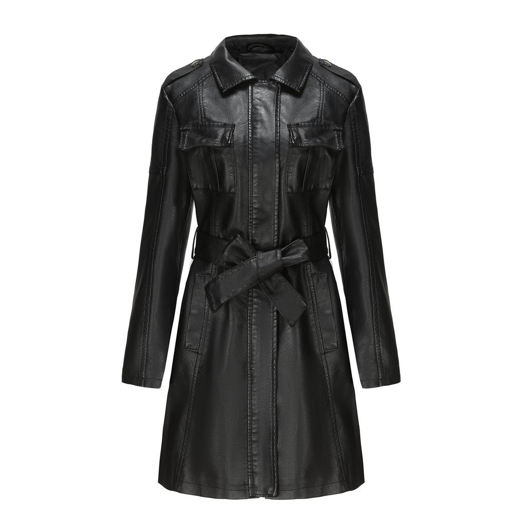Women's PU Leather Trench Coat with Belt, Multi-Color Mid-Length Lapel Leather Jacket for Women, Fashionable European and American Style Outerwear