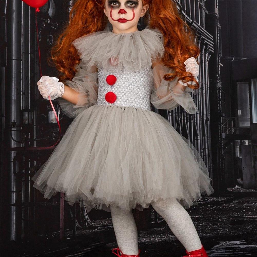 Halloween Gray Joker Girls Costume Tutu Dress Creepy Clown Kids Carnival Party Cosplay Clothing Children Tulle Fancy Dress Christmas