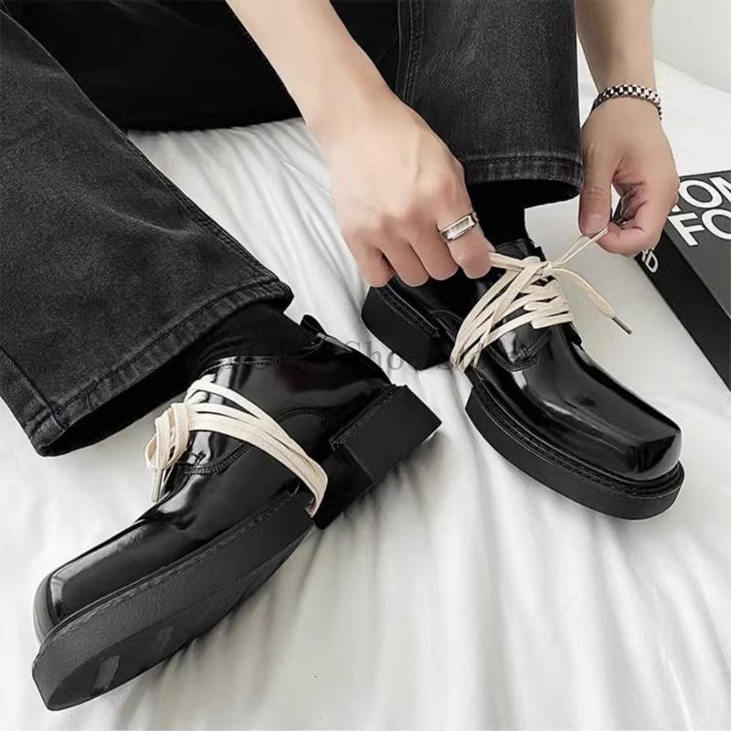 Мужские туфли дерби на шнуровке в стиле ретро-преппи, контрастный цвет, нишевый дизайн, лакированная кожа, квадратная головка, толстая подошва, простые, новые