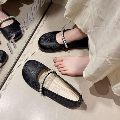 Туфли Мэри Джейн на плоской подошве с неглубоким вырезом и жемчужной надписью, женские, новые, с китайской вышивкой, на мягкой подошве, одинарные, больших размеров, женская обувь 41-43