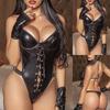Порно Латекс Кожаное Нижнее Белье Женщины Бандаж Полые Тедди Боди Эротические Костюмы Халтер Глубокий V Боди Сексуальное Белье Корсеты