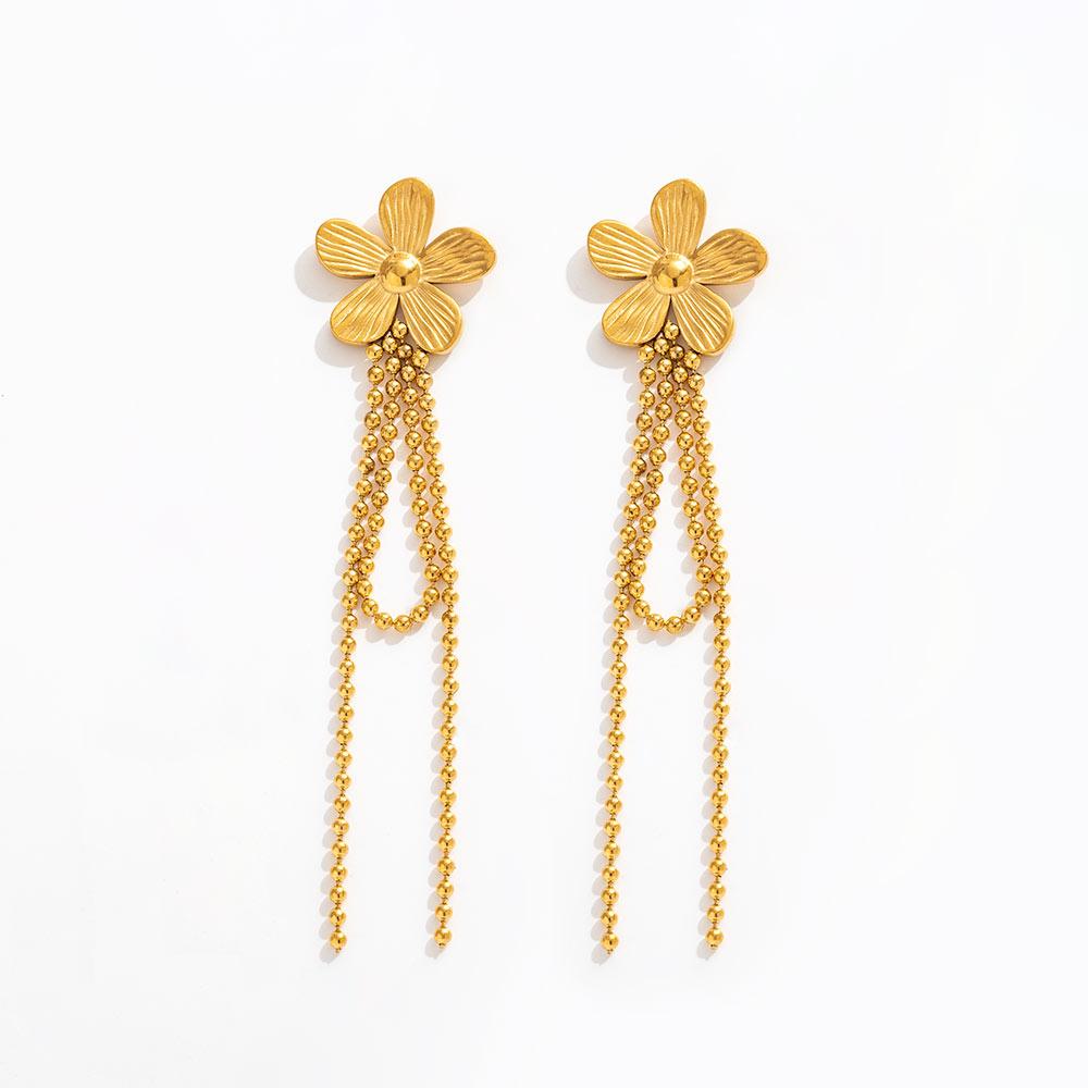 Joolim 18K Gold Plated Waterproof Fashion Elegant Sweety Flower Tassel Chain Hoop Earring Stainless Steel Jewelry