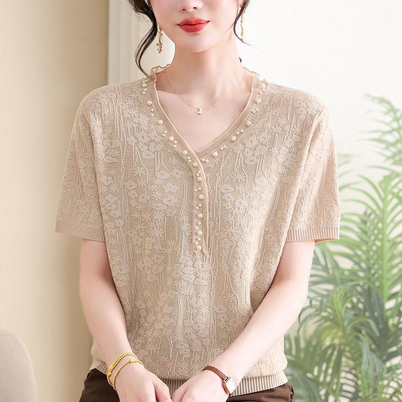 Свободная трикотажная футболка из ледяного шелка для женщин, летний дизайн, стильный новый тонкий фасон, короткий рукав.