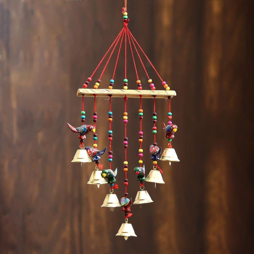 Multicolor Handcrafted Beads Bells Parrot Statue Window Wall Door Hanging Wind Chimes Decorative Showpiece- Diwali Decoration Items for Home Decor