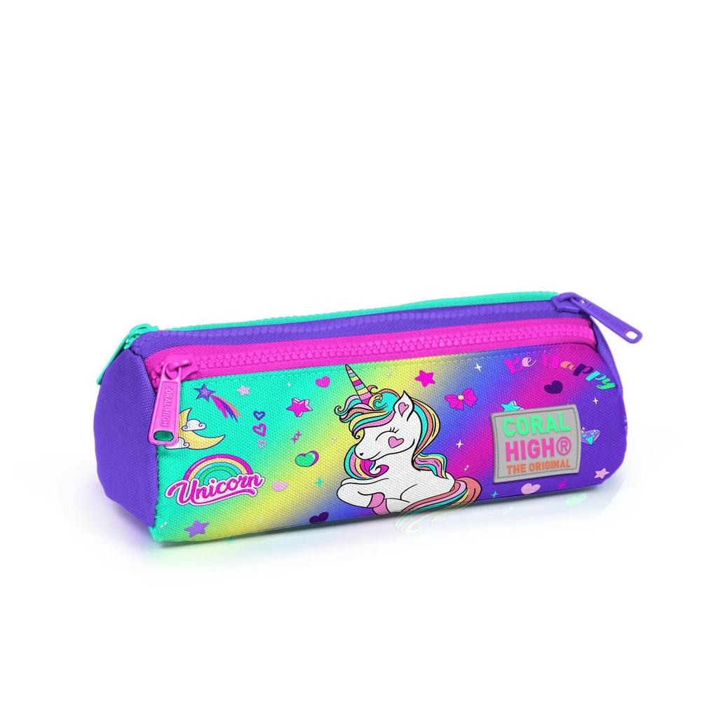 coral high Kids Lavender Water Green Unicorn Patterned Three Compartment Pencil Bag 22029
