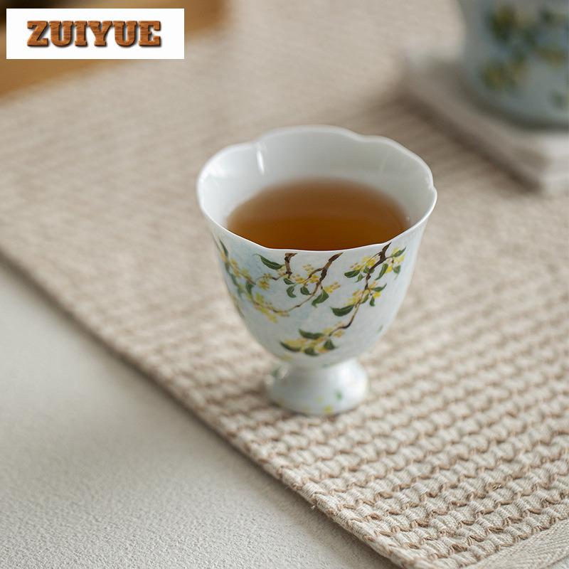 2pc/lot Hand Drawn Osmanthus Blue High Foot Teacup Zen Tea Bowl Mug Tea-tasting Fragrance Cup Jianzhan Master Cups Supplies 90ml
