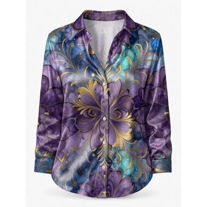 Champagne Wildflower Satin Blouse for Women Long Sleeve Button Down Shirt Boutique Shopping Garden Cafe Elegant Casual Top