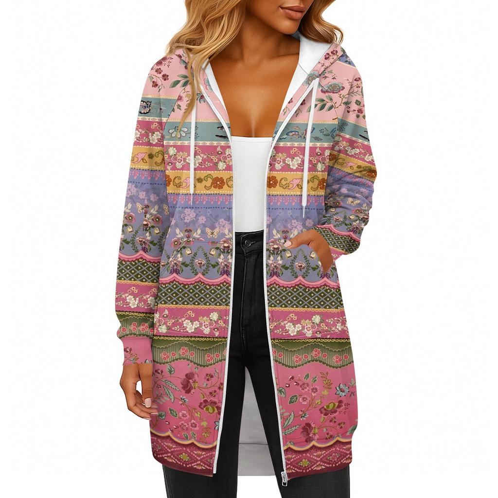 Women's Fashionable Printed Long Sleeved Drawstring Hooded Zipper Pocket Long Casual Sweatshirt Jacket