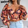 Women's Fashion Casual Summer Floral Print Long Sleeve V-Neck Slim Blouses & Lantern Sleeved Floral Chiffon Holiday Crop Top Shirts