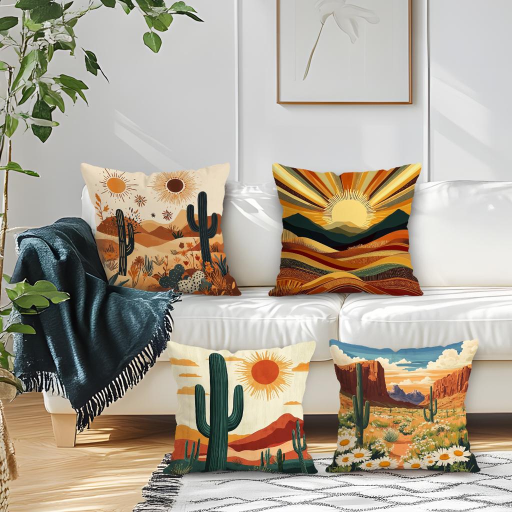 1,4 Pcs Bohemian Desert Cactus Single-Sided Printed Pillowcase Cushion Cover,Suitable For Living Room,Bedroom,Car Decoration