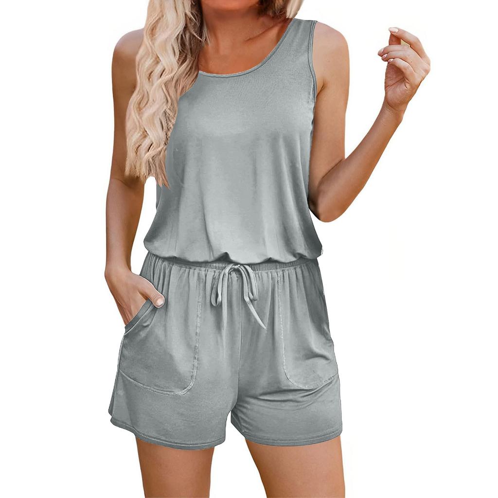 Women's Fashionable Casual Solid Color Vest With Drawstring Strap And Pocket Jumpsuit