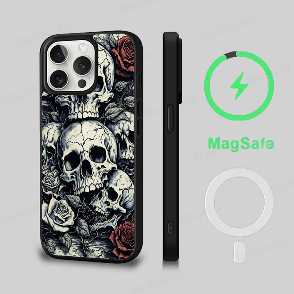 Жуткие узоры в виде черепов Чехол для телефона Магнитный чехол Для IPhone 16 14 13 12 11 15 Pro Max Plus Для Magsafe Беспроводная зарядка Чехол