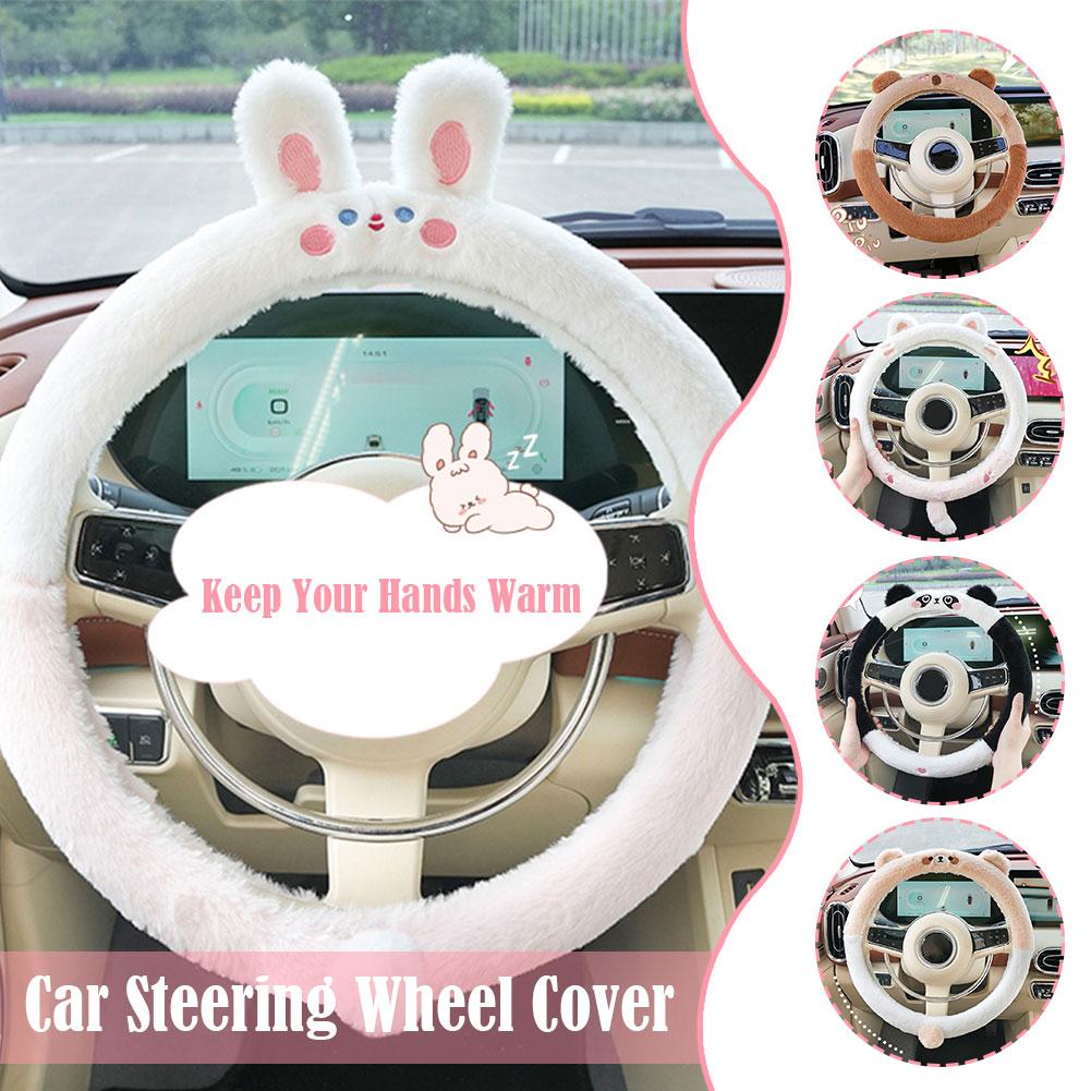 Universal Car Cute Plush Steering Wheel Cover for Women Cute Cartoon Winter Fluffy Cover for Steering Wheel Heating Accesso E0A6