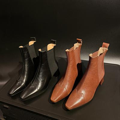 2025Qiu Французские простые короткие ботинки женские с маленьким квадратным носком на толстом каблуке кожаные ботинки челси зимние ботинки с низким голенищем женские