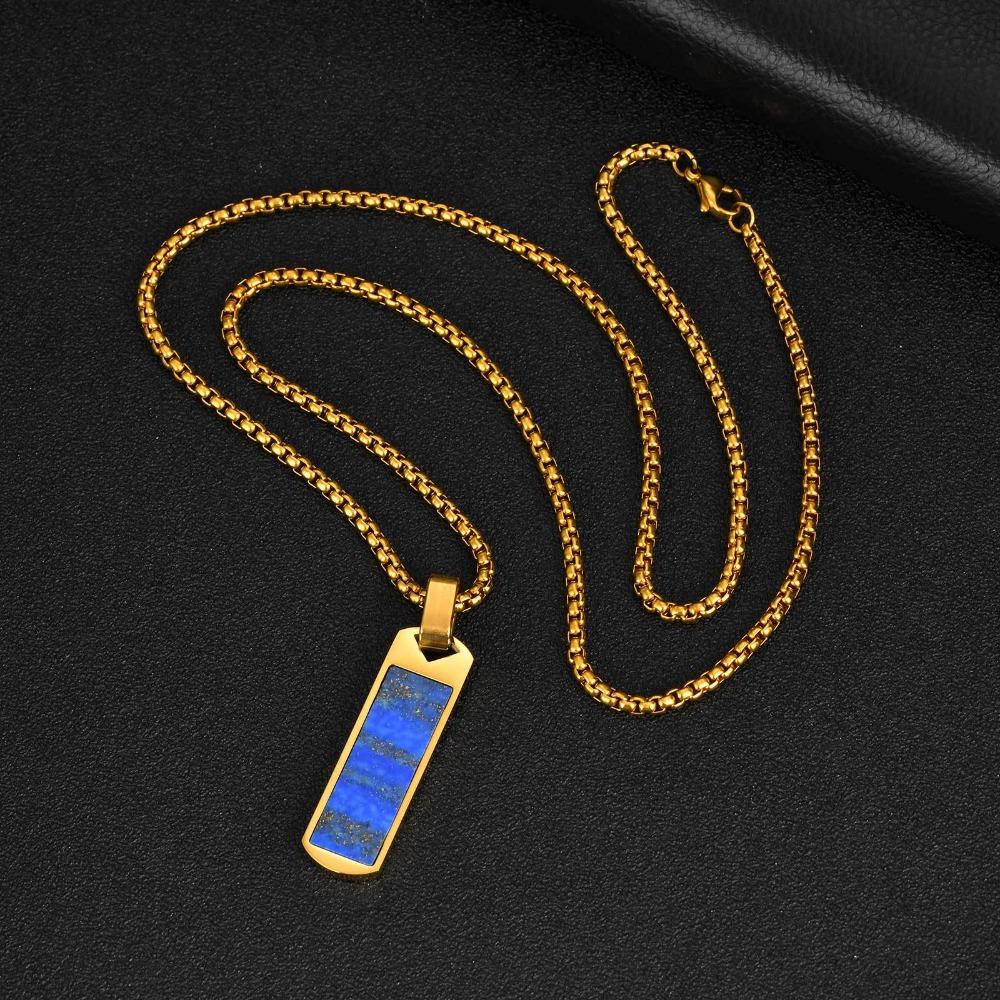 Trendy Lapis Lazuli Pendant Minimalist Stainless Steel Necklace Fashion Pendant Necklace Men