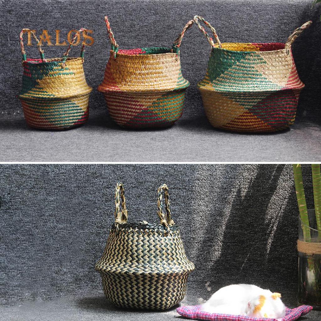 T-Garden Folding Straw Wicker Storage Basket Handle Garden Flower Pot Planter Laundry Bag