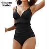Frill Trim Ribbed One Piece Swimsuit Women Ruffled Ruched Tummy Control Bathing Suit