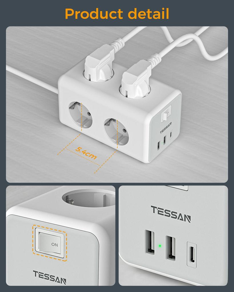 Tessan Стандартный заземленный удлинитель, вилки европейского стандарта, розетки, порты USB типа C, защита от перегрузки с удлинителем для домашнего офиса
