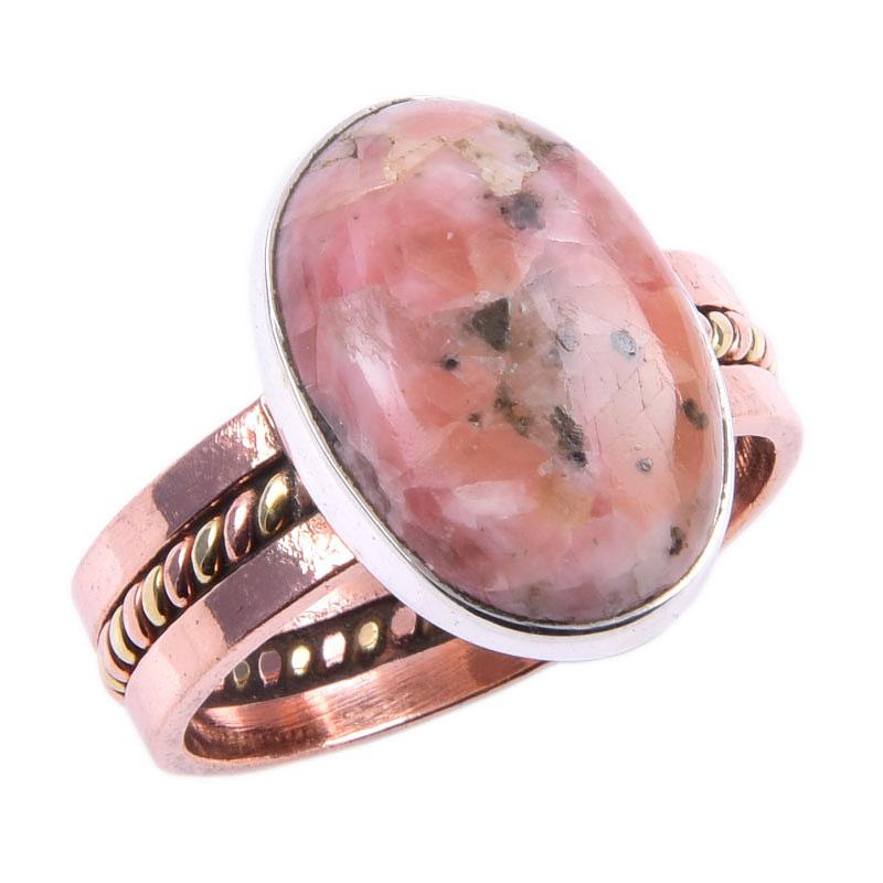 Натуральный Родонит Драгоценный камень Ручной работы Серебро 925 пробы Двухцветное Кольцо Р.8 G4T07