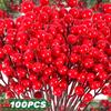 1/50PCS Artificial Berries Christmas Decoration Red Berry Branches 7/12/14 Head Berries Stems Bouquet DIY Xmas Tree Wreath Decor