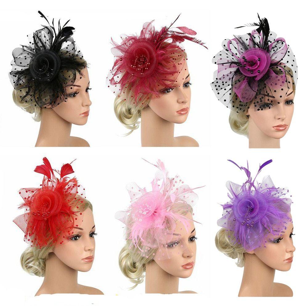 Polka Dot Feathers Fascinator Hat Elegant Bride Headdress Tea Party Mesh Hair Band Dance Show