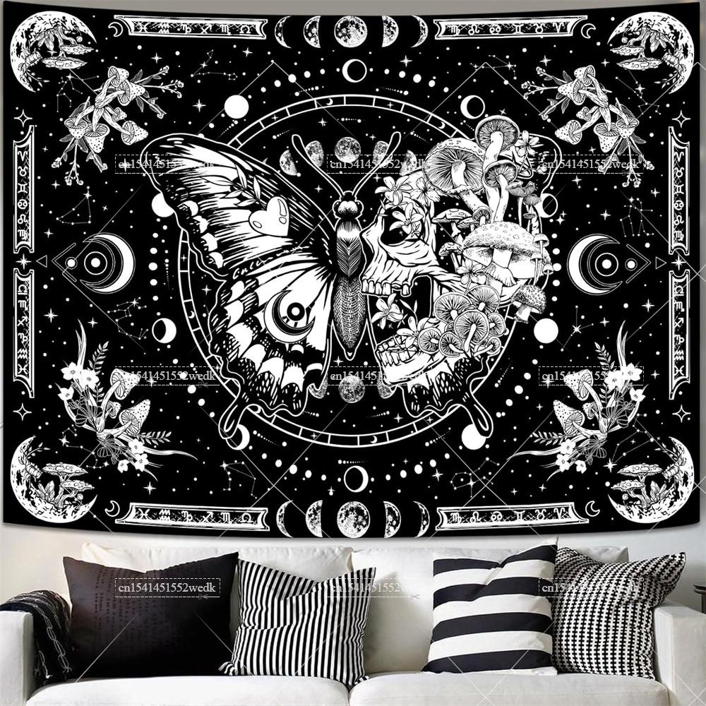 Гобелен со скелетом и бабочкой, черно-белый череп, грибной гобелен, хиппи, эстетический декор комнаты, настенные фоновые полотна