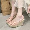 2025 Summer New Slope Heel Cool Slippers Women's Woven Hemp Rope Versatile Suede High Heel Outer Wear One-word Slippers Women
