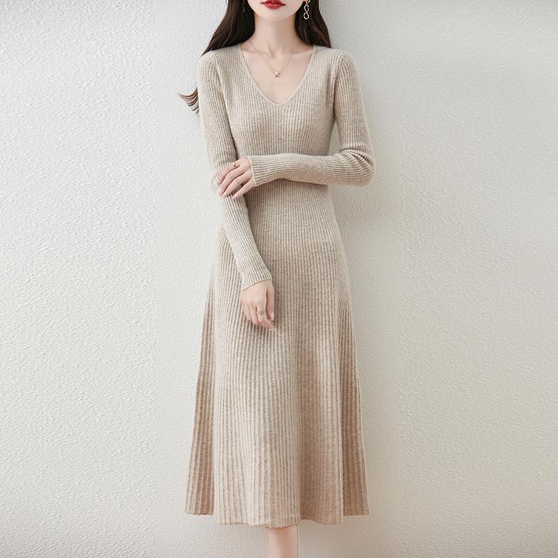 Женское платье-свитер 100% шерсть MODERN NEW SAGA V-образный вырез трикотажный длинный пуловер зимние джемперы шерстяное длинное платье женское