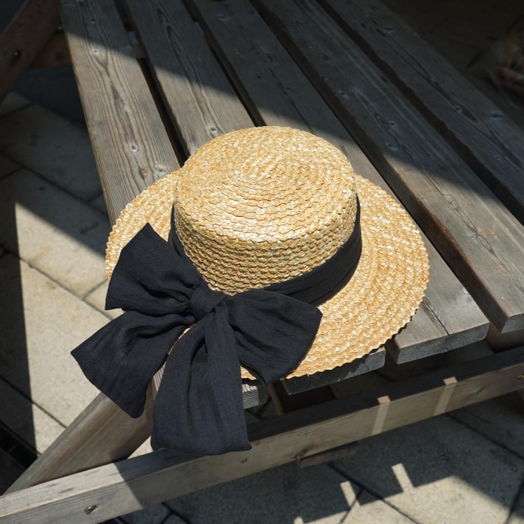 Japanese Handmade Straw Retro Big Bow Women'S Summer Sunshade Sun Protection Wide Brim Flat Top Top Hat Vacation Beach Straw Hat