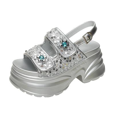 Модные зеленые босоножки на высоком каблуке Женские хрустальные туфли Летние новые танкетки 8 см Высокие босоножки на платформе Массивные пляжные кроссовки Sandalias Mujer