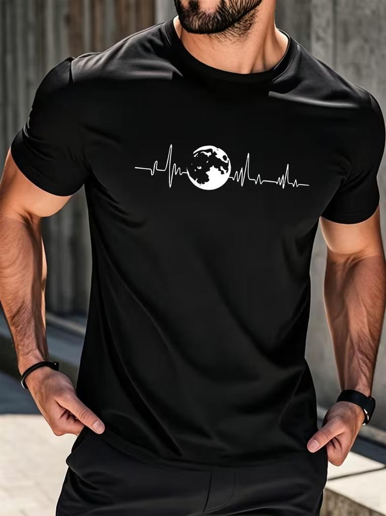 Men'S Outdoor Style Creative T-Shirt Earth ECG Print Casual Crew Neck Tee