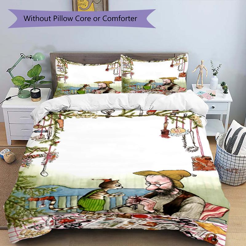 3pcs Duvet Cover Set (1*Duvet Cover + 2*Pillowcase, Without Core), Pettersson und Findus Print Bedding Set, Bedroom Decor, All‑Season, Birthday Gift