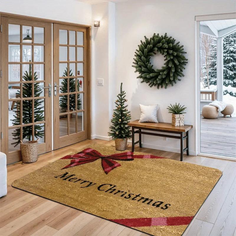 Merry Christmas Bow Door Mat Pattern Bow Letter Printed Carpet Christmas Holiday Indoor and Outdoor Entrance Decoration