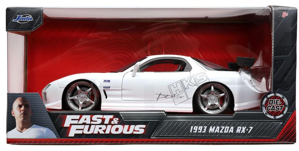 Jada Toys Fast & Furious Series 1/24 Scale F&F 1993 Mazda RX-7 White with HKS Logo, Finished Model, JADA32607