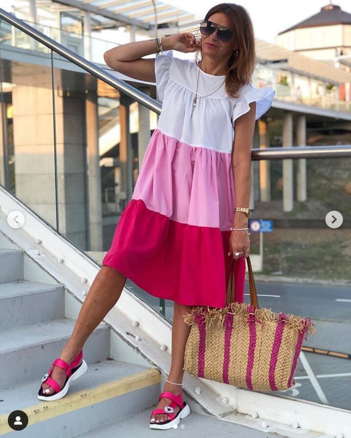 Bright Yellow Bohemian Beach Dress with Three-Color Stitching, Round Neck, and Flutter Sleeves for Summer 2025