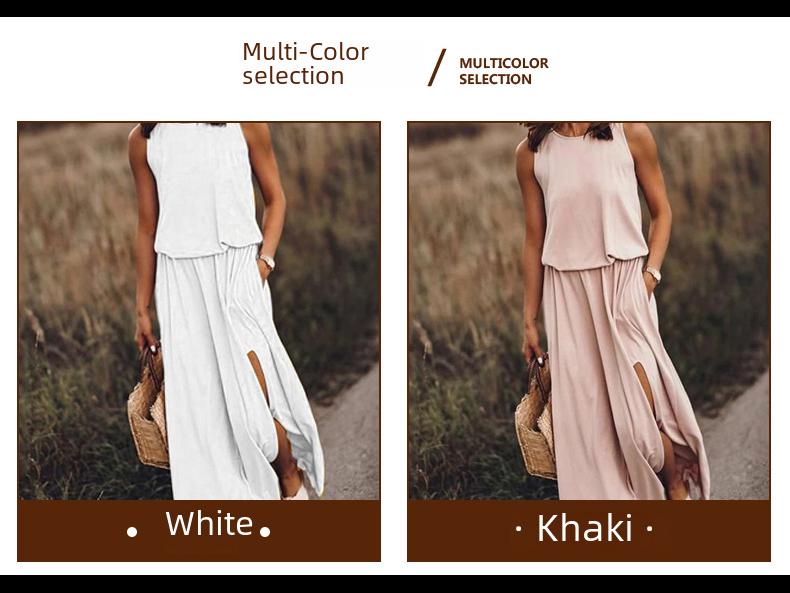 2025 европейское и американское женское длинное повседневное платье без рукавов с круглым вырезом и разрезом на весну и лето