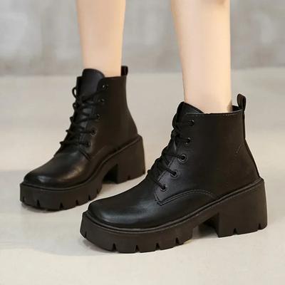 Модная женская обувь 2024 Высококачественные женские ботинки на шнуровке Осень Зима Круглый носок Однотонные Короткие голенища Массивные каблуки Модные ботинки